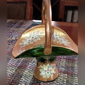 Sale! Elegant Czech Bohemian Gold and Green Floral Glass Basket